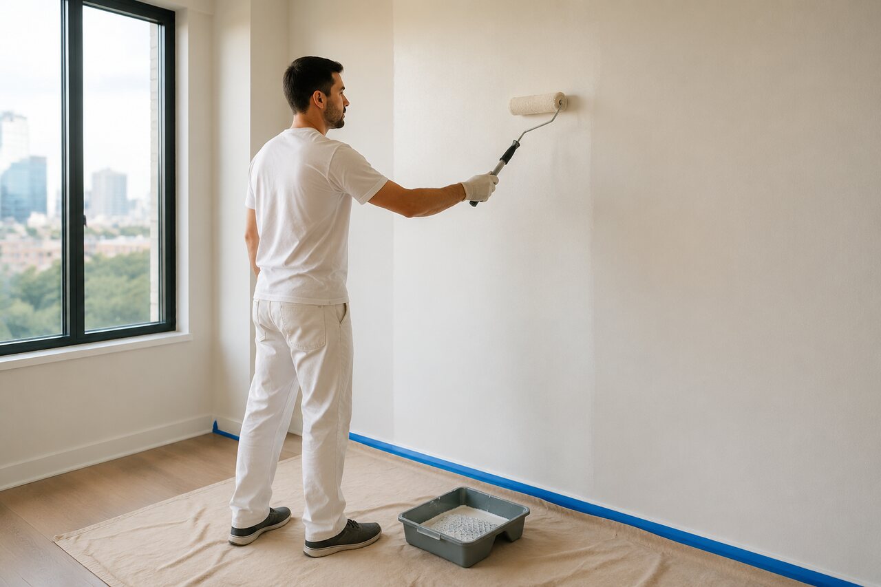 Profesional pintando el interior de un departamento